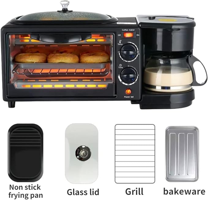 3 in 1 Breakfast Maker Station with Coffee Maker, Toaster Oven & Non-Stick Griddle