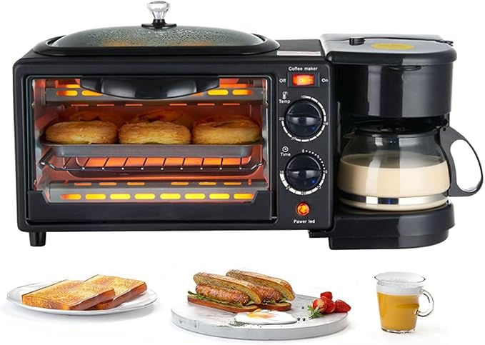 3 in 1 Breakfast Maker Station with Coffee Maker, Toaster Oven & Non-Stick Griddle
