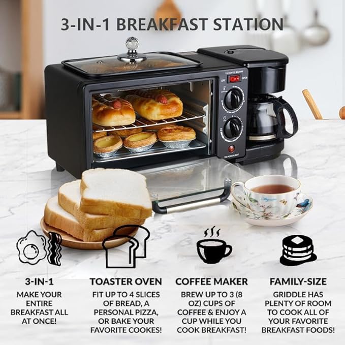 3 in 1 Breakfast Maker Station with Coffee Maker, Toaster Oven & Non-Stick Griddle